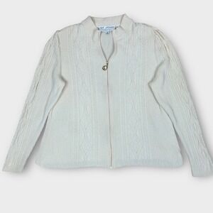 St John Collection Sweater Womens 10 Cream Zip Front Cable Knit Cardigan Jacket